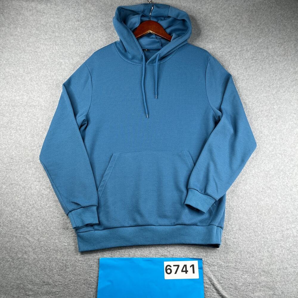 Waffle Knit Hoodie Sweatshirt Mens Small Light Blue Pocket Pullover